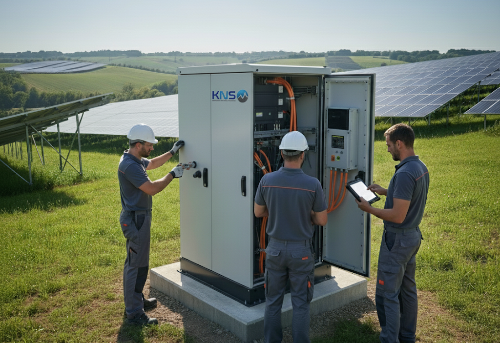 KNS Energy Techniker bei der Inbetriebnahme eines Batteriespeichers im Feld